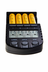 Accu charger in operation isolated over white background.