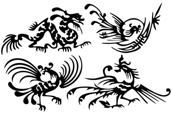 Tattoo of dragons and birds. Ancient China