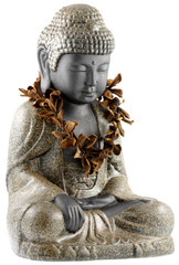 bouddha paré collier fleurs sèches frangipanier, fond blanc