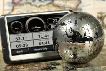 Car navigator on the old map.