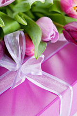 Pink tulips and gift box