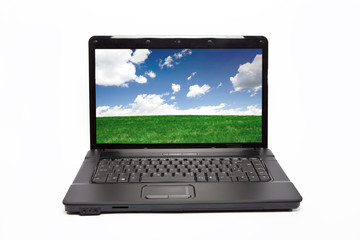 Laptop isolated on white background, landscape wallpaper