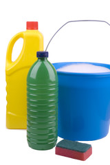 blue bucket with cleaning supplies