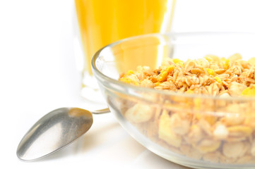 muesli with juice isolated on white
