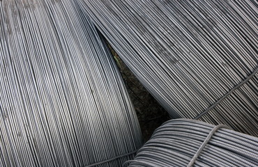 Close-up of stainless steel wire coils in warehouse