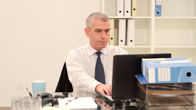 Mature businessman sitting at desk in office with laptop