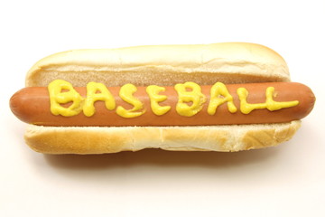 Foot Long Hot Dog with Baseball written in mustard