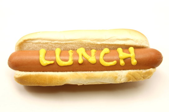 Foot Long Hot Dog with Lunch written in mustard