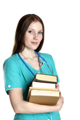 Portrait of female doctor with books