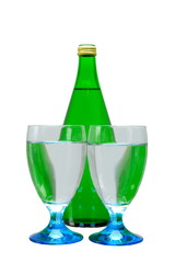 green bottle and glass of water