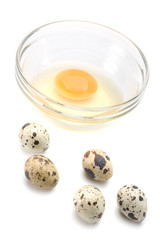 Dish of liquid egg and quail eggs
