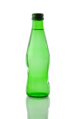 A bottle of mineral water reflected on white background