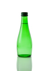 A bottle of mineral water reflected on white background