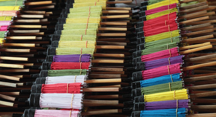 Traditional umbrellas made of bamboos, ready for sale