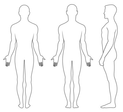 Full length profile, front, back view of a standing naked man