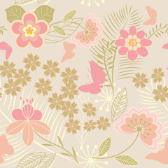 Seamless Floral Pattern with Butterflies