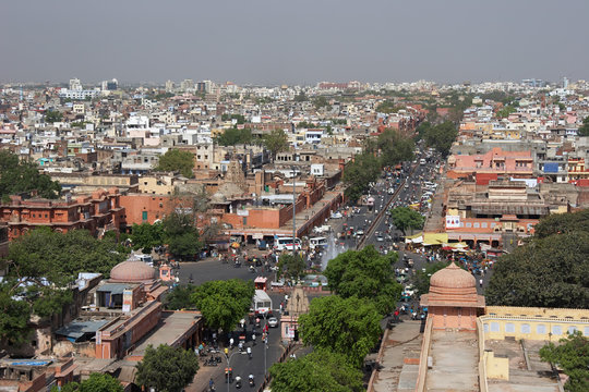 Jaipur streets panorama from Ishwar Lat minaret, India
