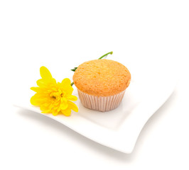Gentle vanilla cake on a white plate and a yellow camomile