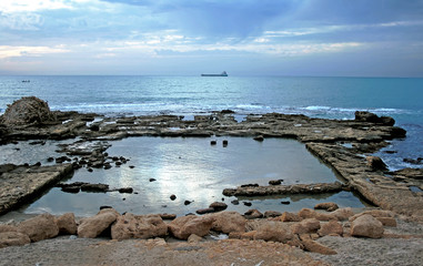 Detail of ancient city ashore Mediterranean sea in Caesarea