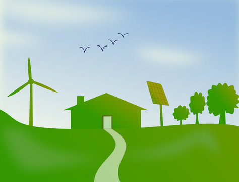 Habitation écologique avec panneaux solaire et éolienne