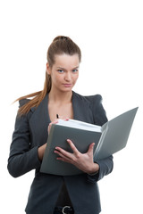 Fototapeta premium Portrait of a young businesswoman holding documents for signatur