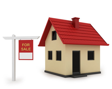 3d render illustration of house with sign for sale
