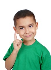 Boy pointing up, looking wise, isolated on white