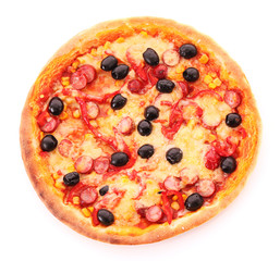 Tasty Italian pizza over white.