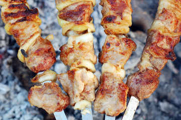 shish kebab on skewers and hot coals