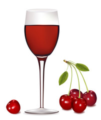 vector illustration. A glass of red wine with some cherries.