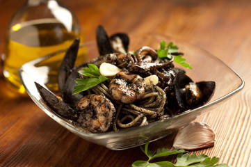 Ink squid spaghetti selective focus on front