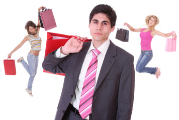 Shopping man with two jumping girls