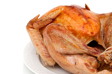 Whole roast turkey on white background