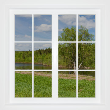 Summer landscape behind a window. 3D image