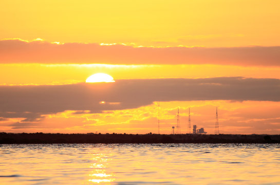 sunrise at a space shuttle launch pad