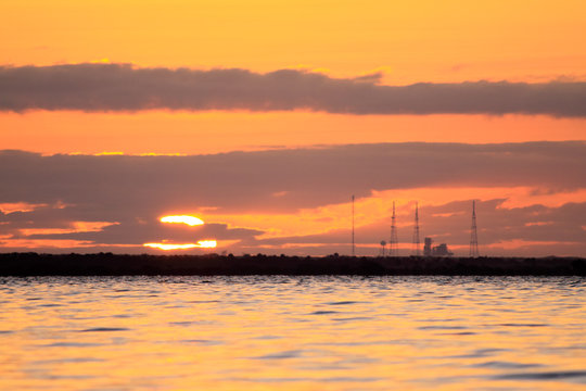 sunrise at a space shuttle launch pad