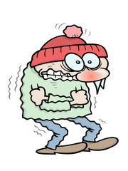 a shivering winter toon guy with icicles hanging from his nose