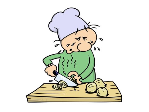 A crying toon chef slicing onions with a big kitchen knife