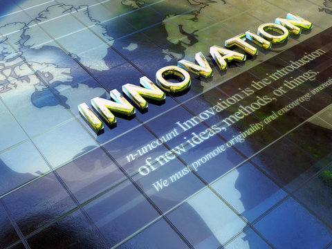 Innovation 3D concept gold text blue background