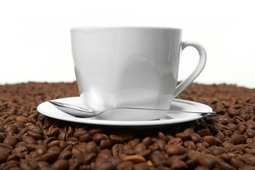 Cup with coffee, costing on coffee grain