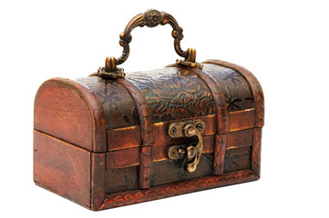 single closed wooden chest with metal ornament