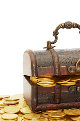 Wooden casket full of coins isolated on white