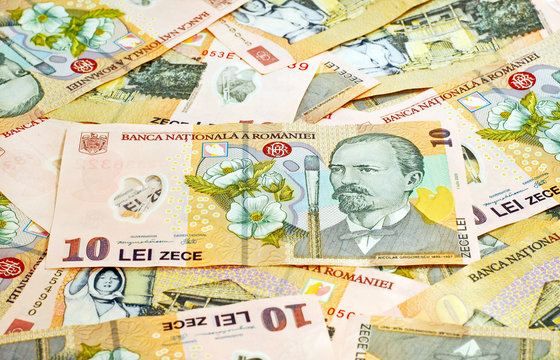 detail closeup of romanian banconotes