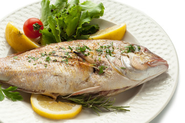 grilled red snapper with salad close up