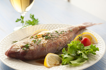 grilled red snapper with salad and glass of white wine