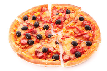 sliced pizza with olives isolated on white