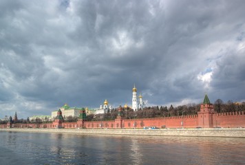 Moscow Kremlin, river and dramatic grey sky