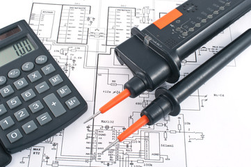 Voltage tester,calculator on electrical diagram