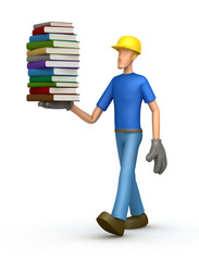 Builder with a stack of books