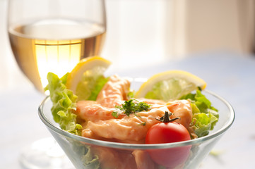 shrimp cocktail with glass of wine